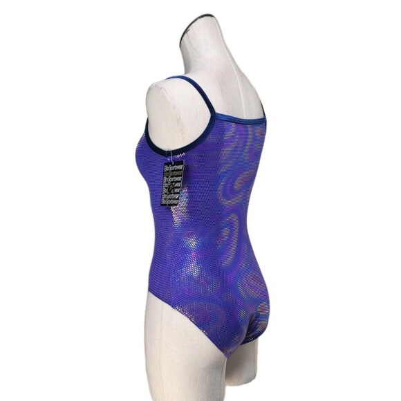 GK Elite VTG Purple Pixelated Swirl Camisole Leotard Velvet Trim Size AM Adult M - Picture 1 of 16
